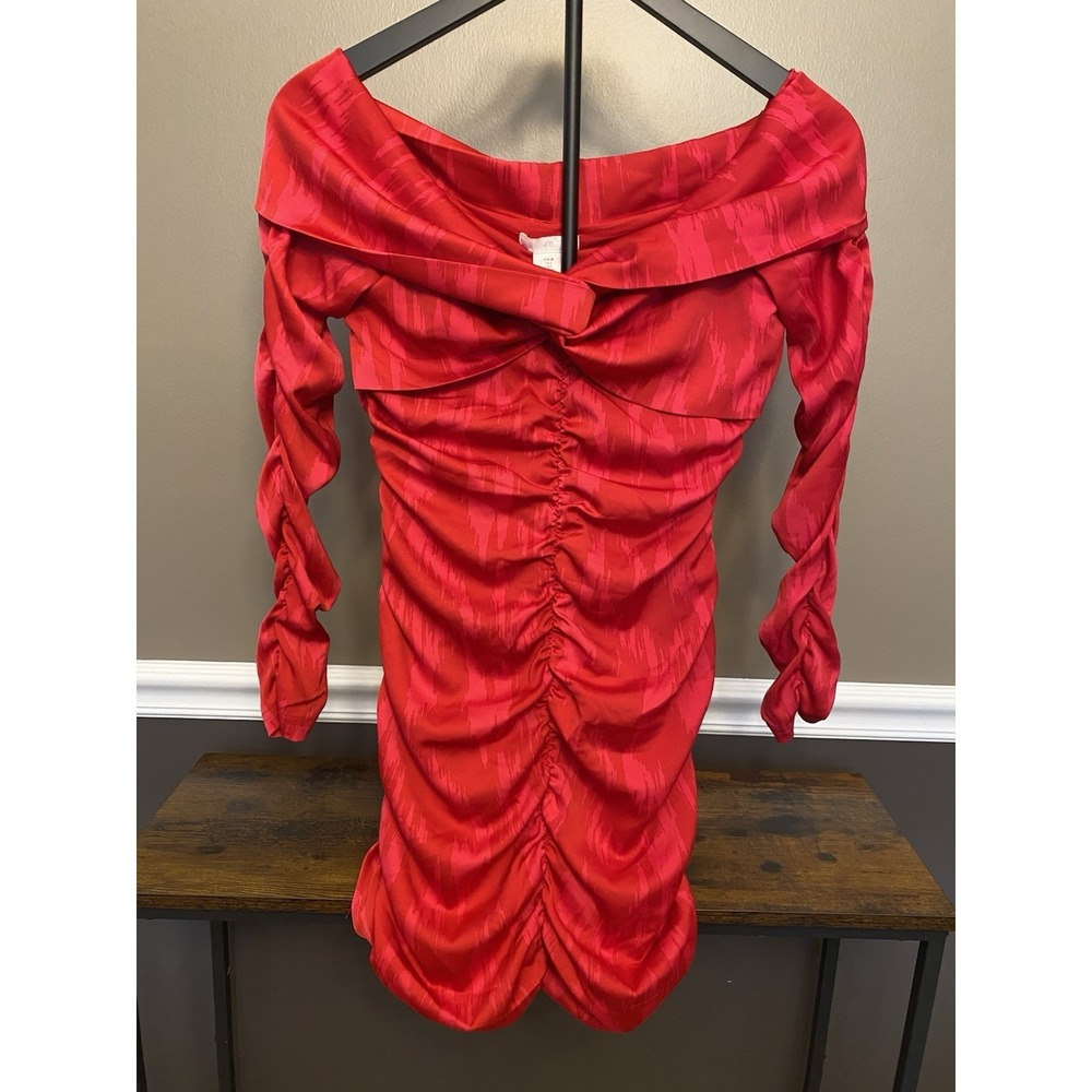H&M Women's Red Off Shoulder Gathered Bodycon Short Dress Sz Small NEW